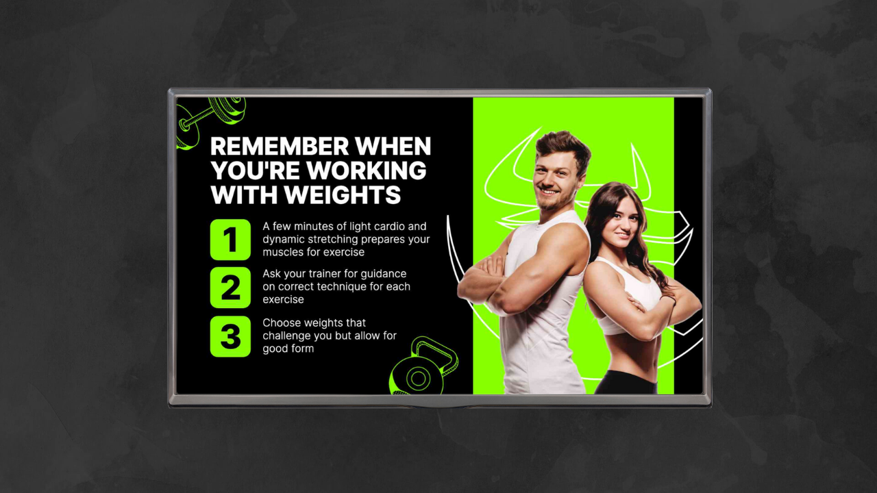 Gym digital signage content about safety